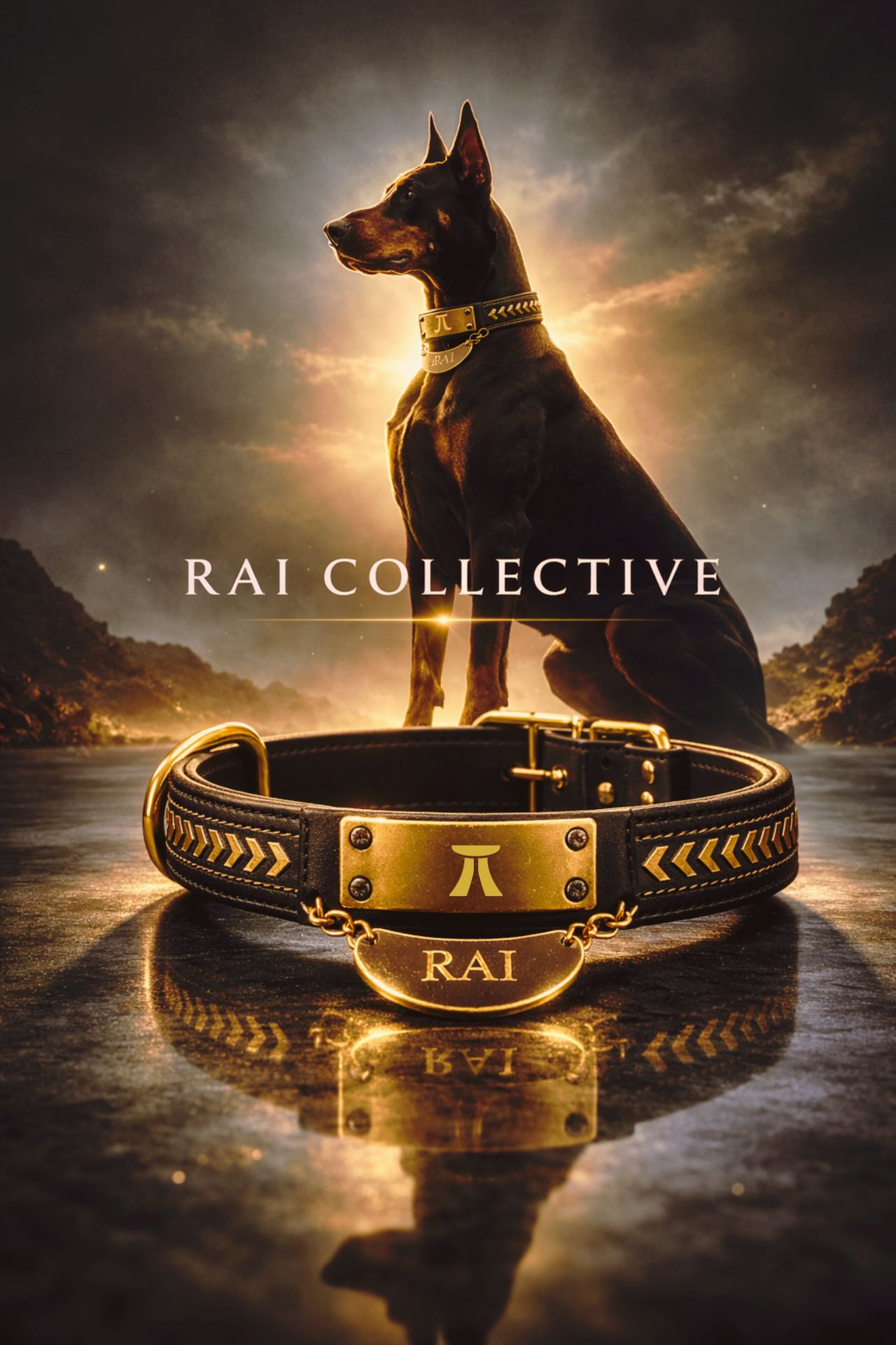A Doberman wearing the Rai Collar, the spirit of Rai Collective