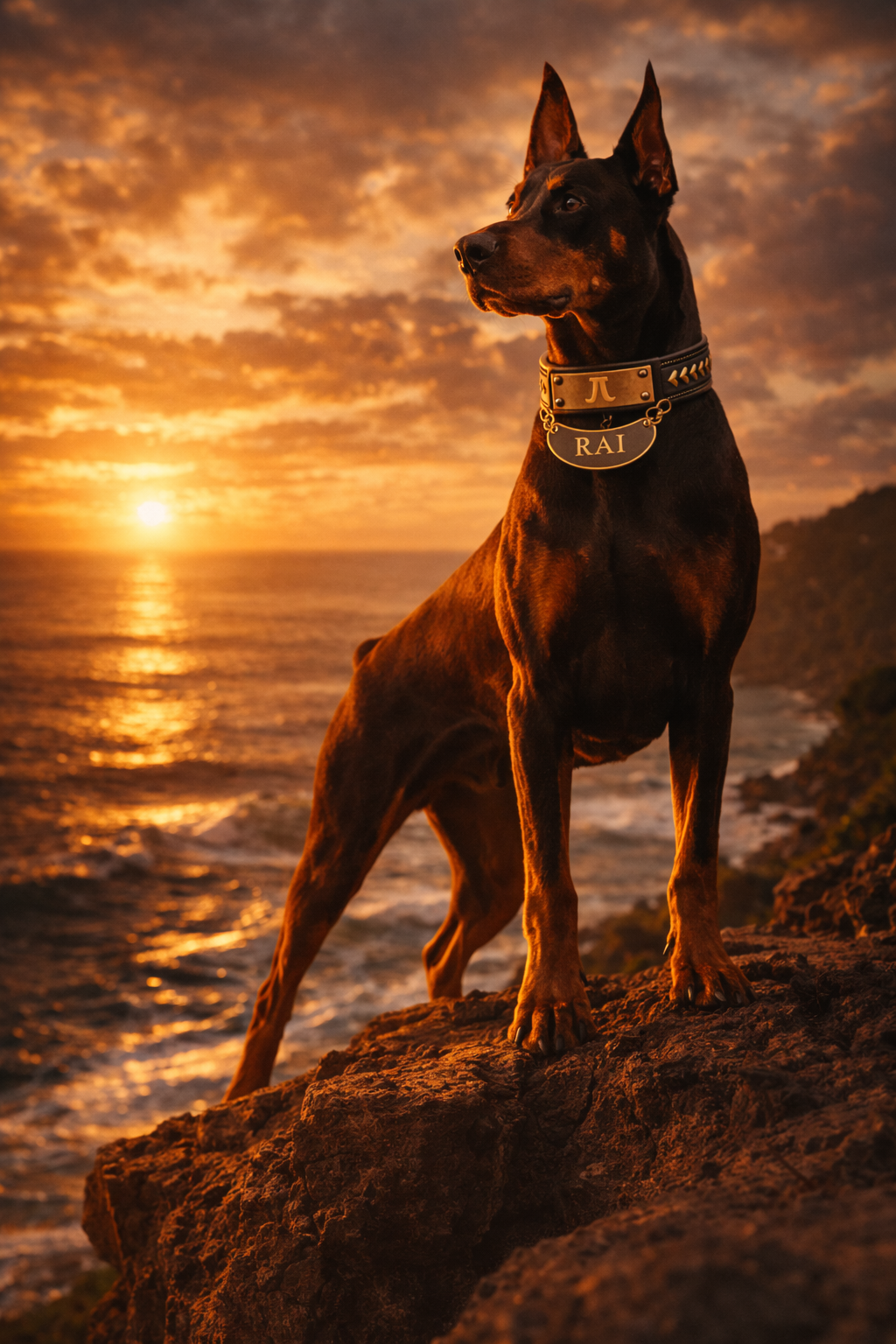 Rai — brown Doberman wearing the Rai Collective collar, standing on coastal rocks at sunset in Guam